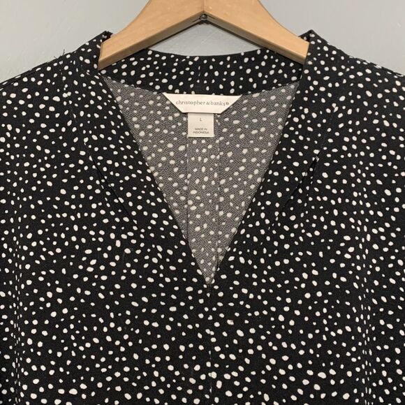 Christopher & Banks Size Large Black White Polka Dot Easy Care Knit Top Travel - Picture 1 of 7